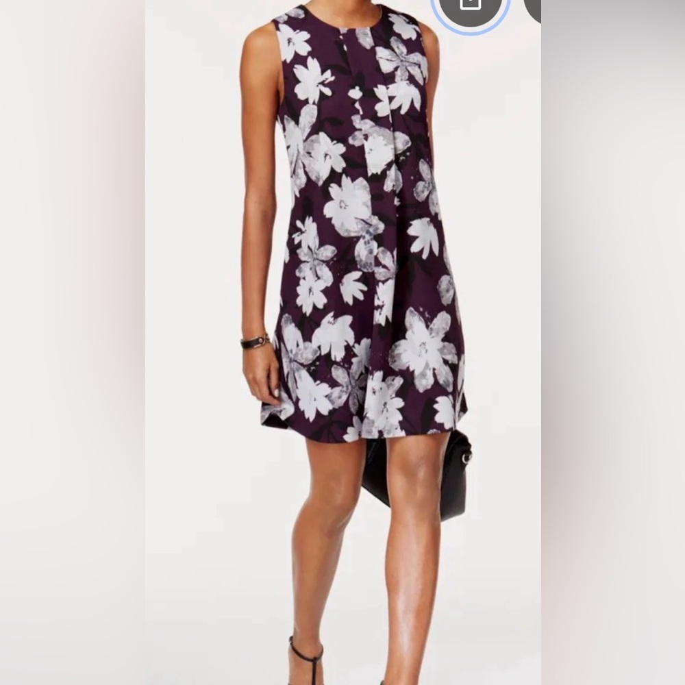 Alfani Womens Floral Pleated A-line Dress, Purple,